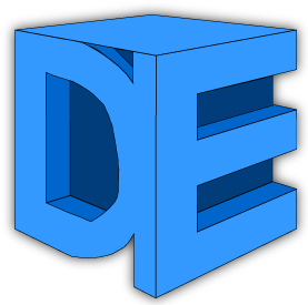 The Dan Ellis logo. A 3D image of the letters D and E in multiple shades of blue.